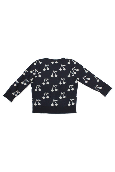 Bonpoint Girls Button Fornt Cherry Logo Knit Cardigan Sweater Navy White Size 3