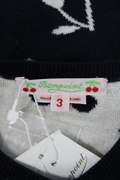 Bonpoint Girls Button Fornt Cherry Logo Knit Cardigan Sweater Navy White Size 3