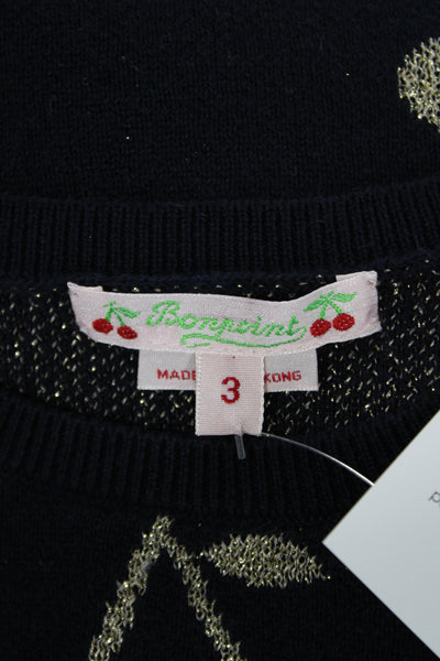 Bonpoint Girls Long Sleeve Crew Neck Metallic Logo Knit Sweater Navy Size 3