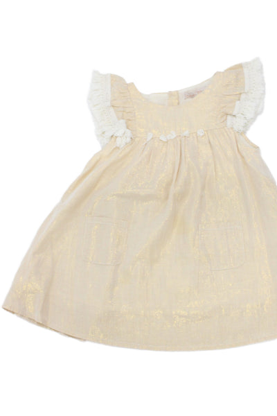 Louise Misha Girls Short Sleeve Crew Neck Fringe Trim Metallic Dress Beige 3T