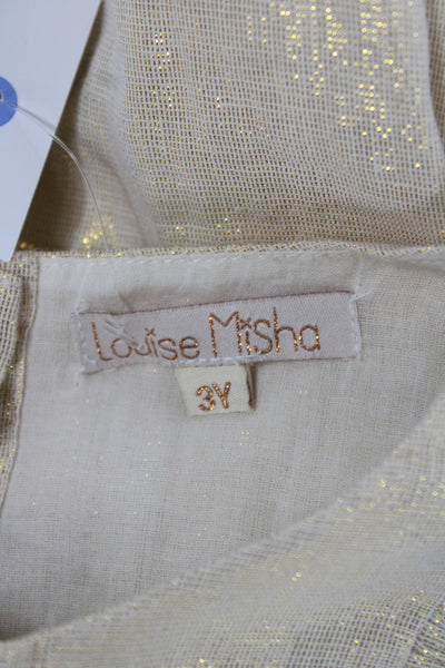 Louise Misha Girls Short Sleeve Crew Neck Fringe Trim Metallic Dress Beige 3T