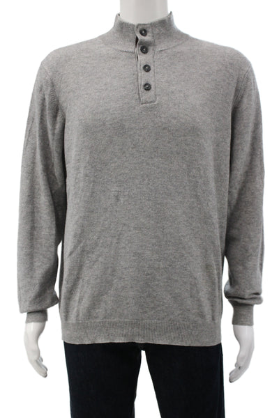 Kinross Cashmere Mens Henley Pullover Mock Neck Button Cashmere Gray Size L
