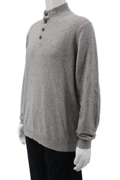 Kinross Cashmere Mens Henley Pullover Mock Neck Button Cashmere Gray Size L
