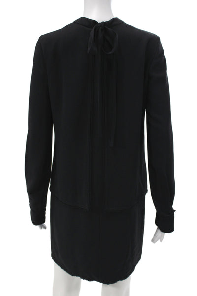 Proenza Schouler Women Black Silk Shift Dress Long Sleeve Mock Neck Size 2