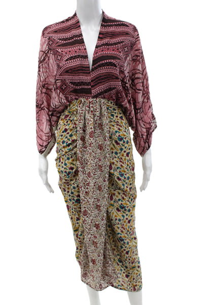 Sissel Edelbo Women Kaftan Dress Pink Floral V-Neck Mid Calf Bohemian Size XS
