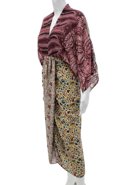Sissel Edelbo Women Kaftan Dress Pink Floral V-Neck Mid Calf Bohemian Size XS