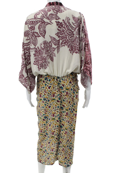 Sissel Edelbo Women Kaftan Dress Pink Floral V-Neck Mid Calf Bohemian Size XS