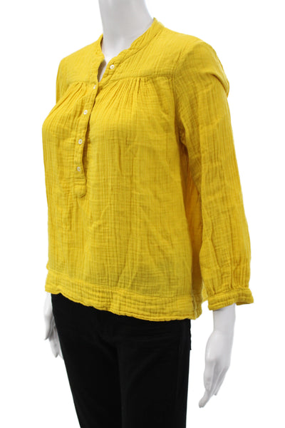 Xirena Women Tunic Blouse Yellow 3/4 Sleeve Button Cotton Boho Size XS
