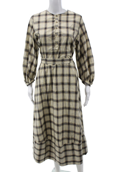 Zara Women Shirt Dress Maxi Beige Plaid Longsleeve Round Neck Size XS
