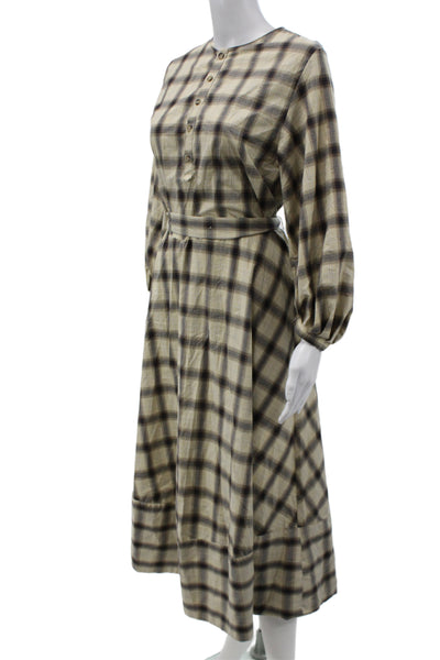 Zara Women Shirt Dress Maxi Beige Plaid Longsleeve Round Neck Size XS