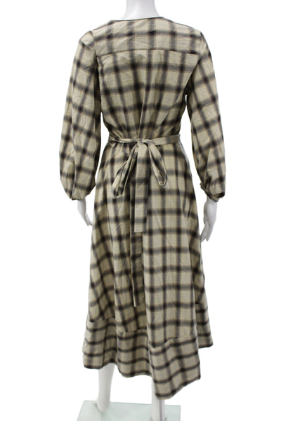 Zara Women Shirt Dress Maxi Beige Plaid Longsleeve Round Neck Size XS
