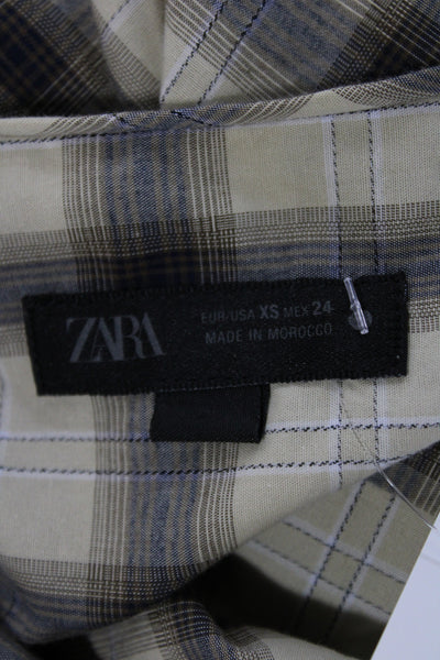 Zara Women Shirt Dress Maxi Beige Plaid Longsleeve Round Neck Size XS