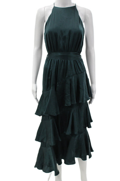Zimmermann Women Green Cotton High Neck Sleeveless Maxi Dress Tie Waist Size 1