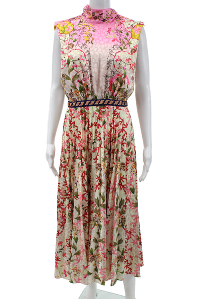 Saloni Women Maxi Fit and Flare Dress Pink Floral Mock Neck Sleeveless Size S