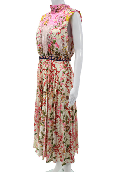Saloni Women Maxi Fit and Flare Dress Pink Floral Mock Neck Sleeveless Size S