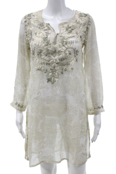 Raj Women Kaftan Floral Silk Long Sleeve Knee Length Beige Size S