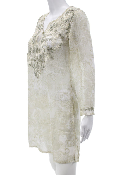 Raj Women Kaftan Floral Silk Long Sleeve Knee Length Beige Size S