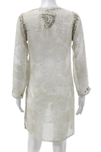 Raj Women Kaftan Floral Silk Long Sleeve Knee Length Beige Size S