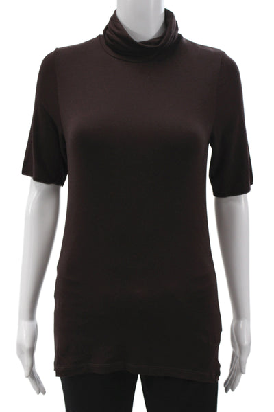 Majestic Filatures Womens Turtleneck Short Sleeve Jersey Blouse Brown Size 2