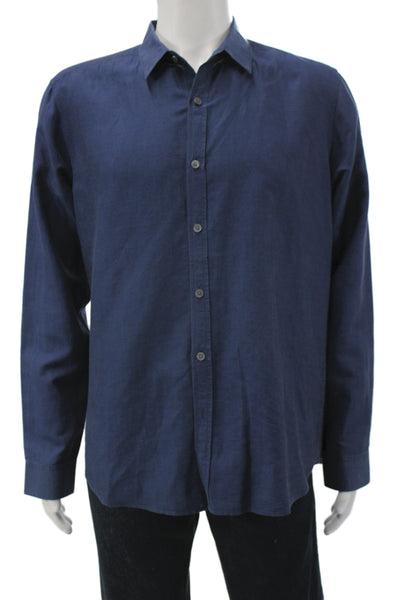 Theory Mens Linen Collar Long Sleeve Button Down Shirt Blue Size L