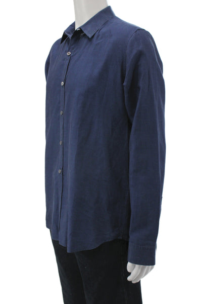 Theory Mens Linen Collar Long Sleeve Button Down Shirt Blue Size L