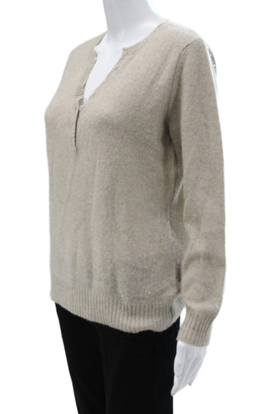 S&C Silk And Cashmere Unisex Henley Cashmere V Neck Beige Pullover Size L