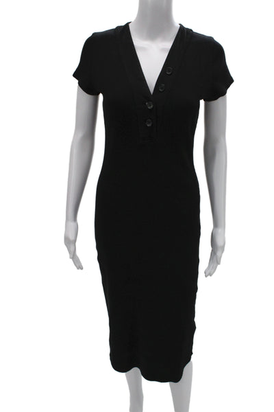 Standard James Perse Women Sheath Dress Black V-Neck Short Sleeve Button Size 1