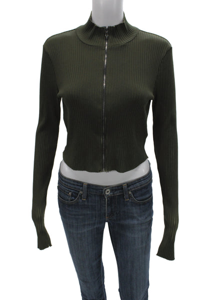 Cotton Citizen Women Cropped Mock Neck Long Sleeve Top Green Zip Size L