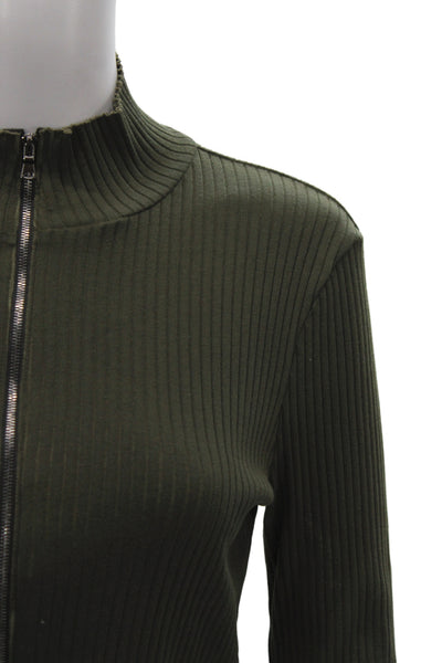 Cotton Citizen Women Cropped Mock Neck Long Sleeve Top Green Zip Size L