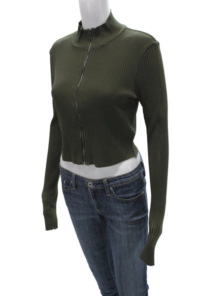 Cotton Citizen Women Cropped Mock Neck Long Sleeve Top Green Zip Size L