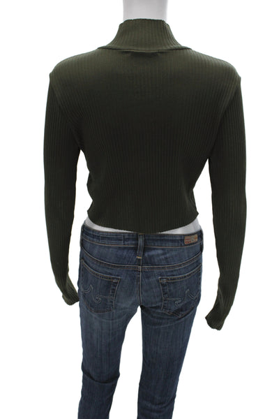 Cotton Citizen Women Cropped Mock Neck Long Sleeve Top Green Zip Size L
