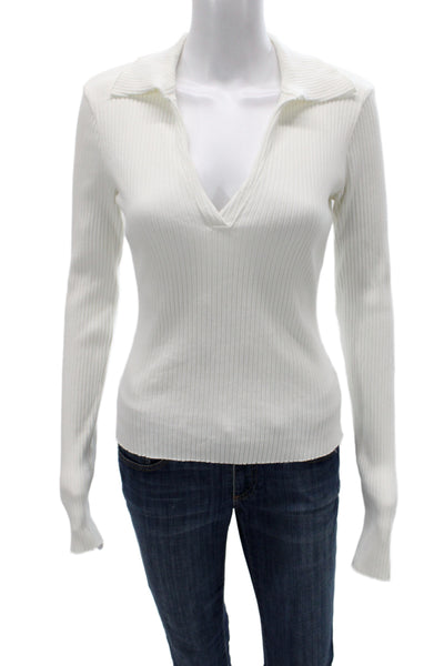 Cotton Citizen Women White Striped V-Neck Pullover Sweater Size M