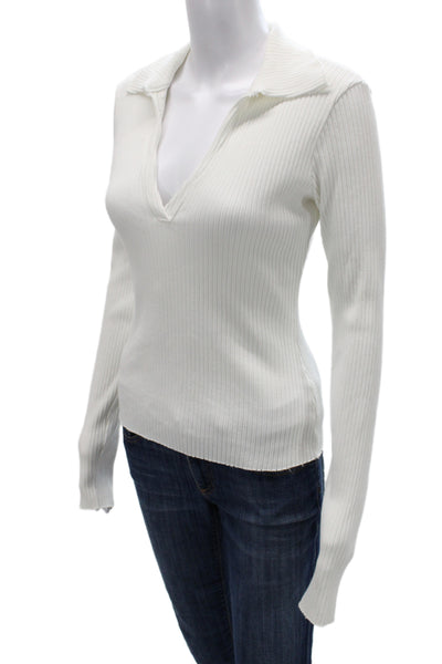 Cotton Citizen Women White Striped V-Neck Pullover Sweater Size M