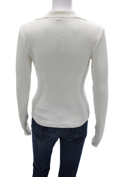 Cotton Citizen Women White Striped V-Neck Pullover Sweater Size M