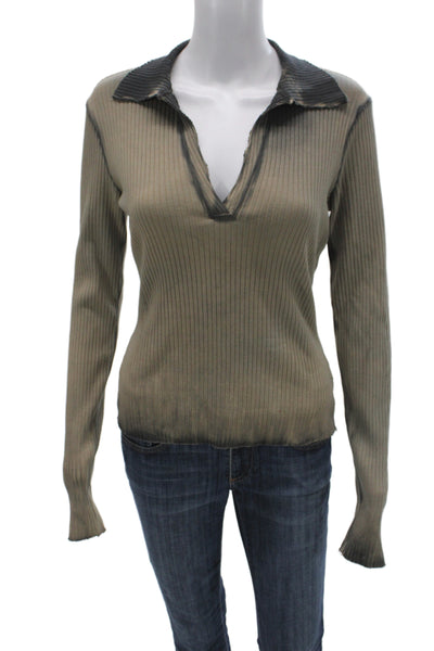 Cotton Citizen Women Beige Striped Collared Polo Long Sleeve Basic Size M