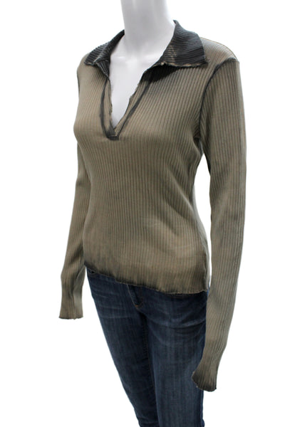 Cotton Citizen Women Beige Striped Collared Polo Long Sleeve Basic Size M