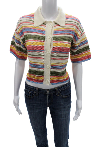 Zara Women Cropped Collared Striped Polo Short Sleeve Top Beige Size M