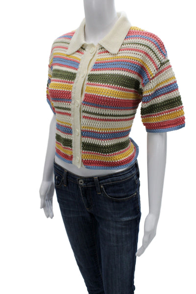 Zara Women Cropped Collared Striped Polo Short Sleeve Top Beige Size M