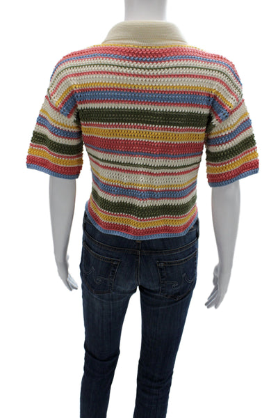Zara Women Cropped Collared Striped Polo Short Sleeve Top Beige Size M