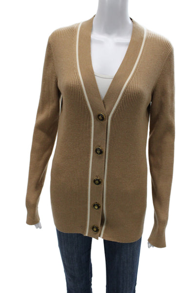 Tory Burch Unisex Cardigan Tan Merino Wool V-Neck Button Long Sleeve Size M