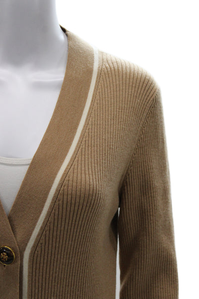 Tory Burch Unisex Cardigan Tan Merino Wool V-Neck Button Long Sleeve Size M