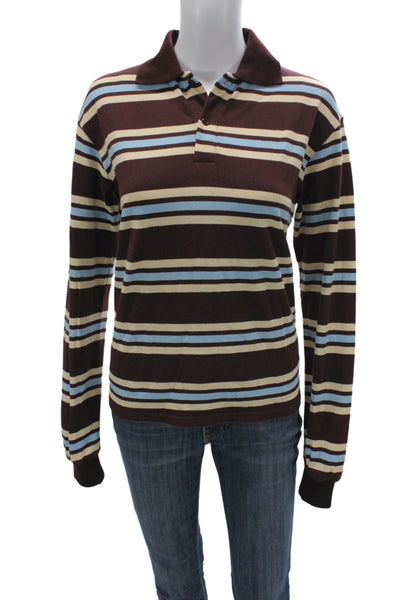 Lioness Unisex Striped Collared Cotton Polo Brown Button Long Sleeve Size XS