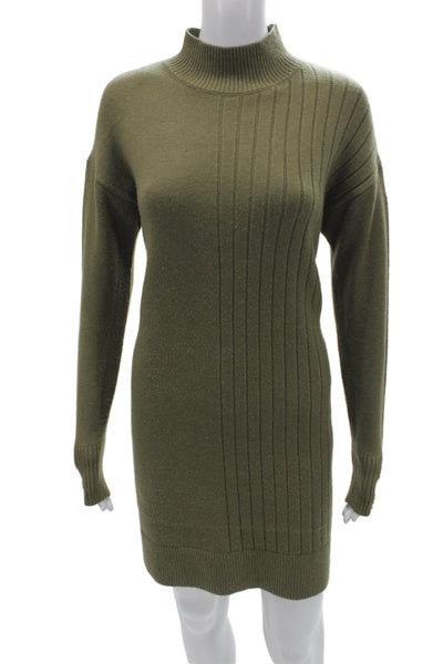 River Island Women Sweater Dress Green Striped Mock Neck Longsleeve Mini Size S