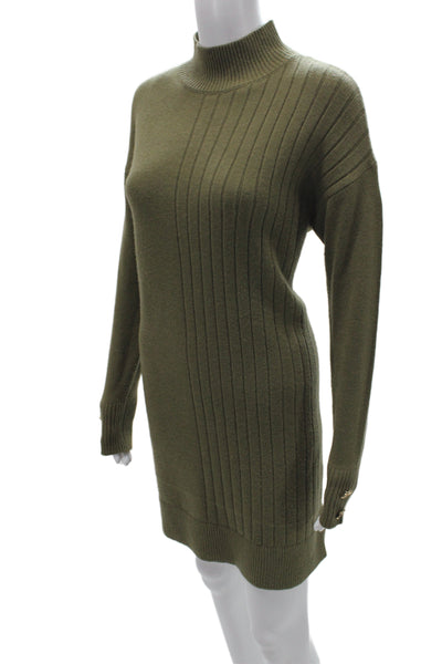 River Island Women Sweater Dress Green Striped Mock Neck Longsleeve Mini Size S