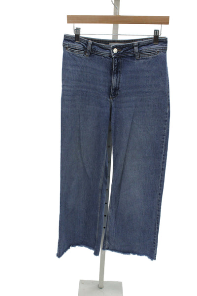 MNG Womens Cropped Wide Leg Jeans High Rise Denim Button Blue 27 Inseam Size 6