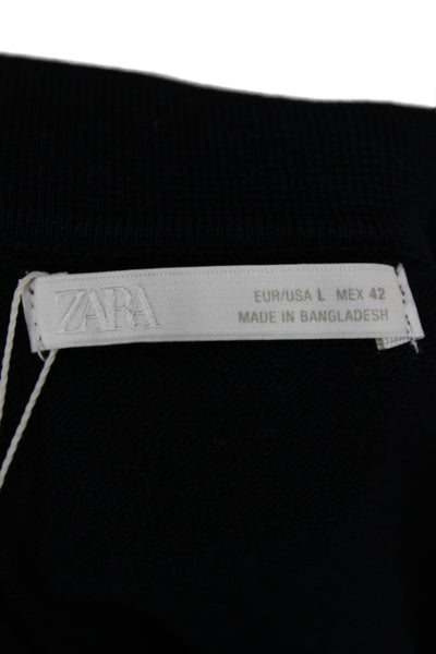 Zara Womens Basic Collared Polo Black Short Sleeve Viscose Blend Size L