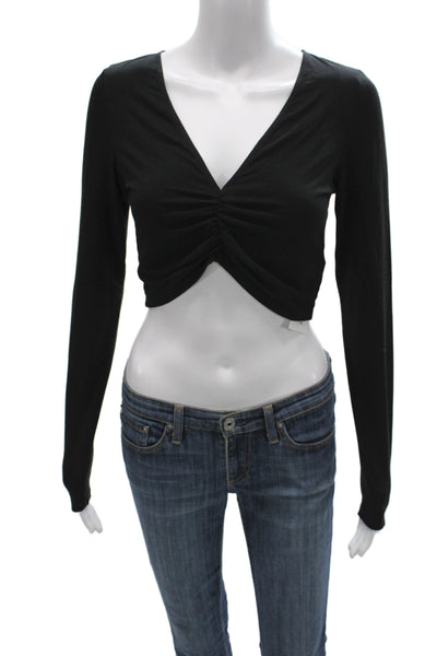 Reformation Women Cropped Jersey Black V Neck Long Sleeve Top Size S