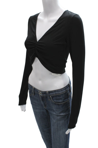 Reformation Women Cropped Jersey Black V Neck Long Sleeve Top Size S