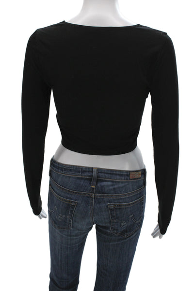 Reformation Women Cropped Jersey Black V Neck Long Sleeve Top Size S