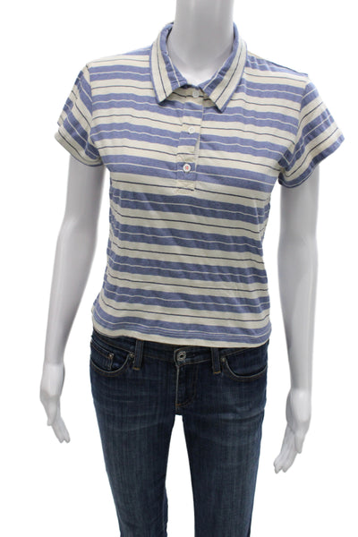 Sundry Women Cropped Striped Collared Polo Short Sleeve Blue Preppy Size S